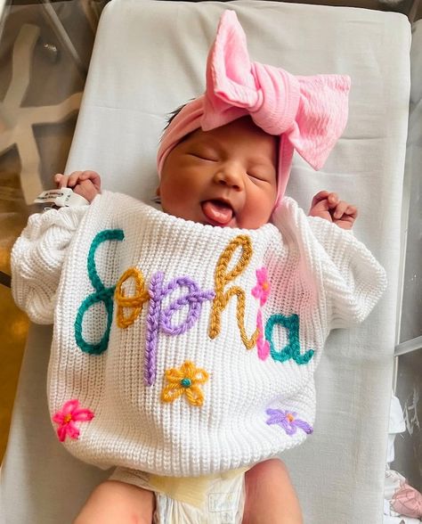 Custom Name Sweater Personalized Name Sweater Hand - Etsy Name Sweater, Baby Announcement Photoshoot, Hippie Baby, Crochet Baby Sweater, Embroidery Sweater, Baby Time, June 17, Baby Crafts