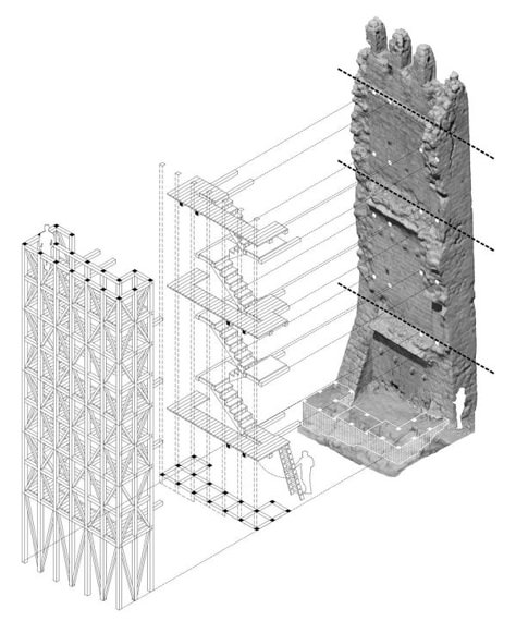 Carles Enrich, Adrià Goula · RECOVERY OF MEROLA'S TOWER · Divisare Ruins Architecture, Architecture Renovation, Renovation Architecture, Master Thesis, Timber Structure, Mini Clubman, Adaptive Reuse, Watch Tower, Architecture Presentation