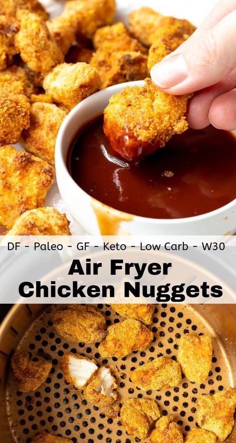 Air Fryer Chicken Nuggets are better than any fast food. You'll never want to hit the drive-thru again once you make this copycat recipe. These chicken bites are made with simple ingredients and are Paleo, Keto, Low Carb, Dairy Free, Grain Free, Whole30 and Gluten Free. #airfryerfriedchicken #airfryerchicken #chickenrecipes #chickennuggets #lowcarbrecipes #ketorecipes #whole30recipes Low Carb Dairy Free, Air Fryer Chicken Nuggets, Air Fryer Recipes Low Carb, Chicken Nugget Recipes, Nuggets Recipe, Air Fryer Oven Recipes, Air Fry Recipes, Air Fryer Recipes Chicken, Air Fryer Dinner Recipes