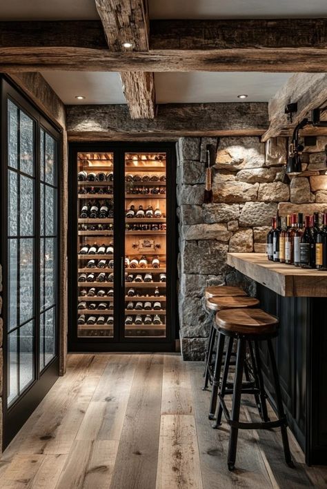 Farmhouse Wine Cellar, Home Bar Rustic, Wine Collection Aesthetic, Wine Cellar Aesthetic, Rustic Farmhouse Basement, Basement Wine Bar, Modern Rustic Bar, Rustic Wine Cellar, Wine Pantry