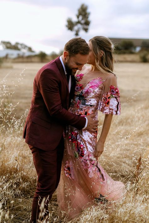 19 ways to rock pink on your wedding day - 100 Layer Cake Fun Vegas Wedding Dress, Pink And Red Wedding Dress, Western Pink Wedding, Pink Embellished Wedding Dress, Pink Sequin Wedding Dress, Maximalist Wedding Dress, Eclectic Wedding Dress, Bride Style Ideas, Hot Pink Wedding Dress