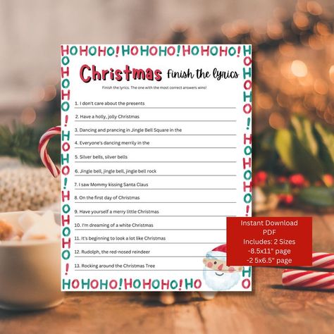 Let's see how many of these lyrics everyone can guess correctly at your next Christmas party. #christmasgames #christmaspartygames #familygames #christmasfamilygames #workpartygames Christmas Games Family, Work Party Games, Finish The Lyrics, Christmas Lyrics, Games Family, Fun Christmas Games, Christmas Games For Family, Family Party Games, Christmas Game