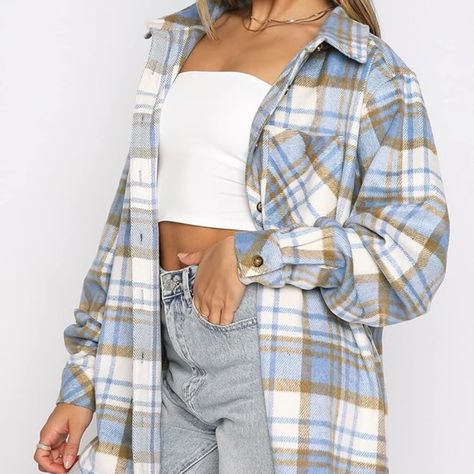 Blue Plaid Shirt, White Fox Boutique, Button Blouse, Evening Jackets, Straight Leg Denim, White Fox, White Plaid, Long Sleeve Cardigan, Blue Blouse