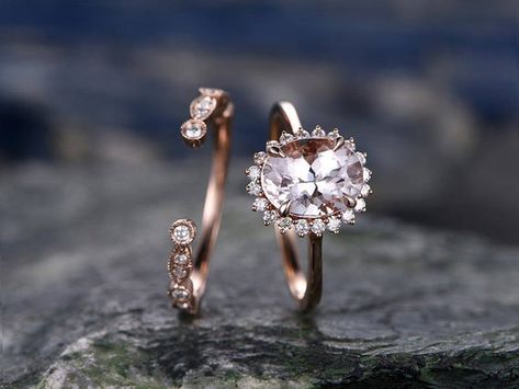 Low Profile Engagement Rings, Real Diamond Ring, Diamond Ring Unique, Stacked Diamond Bands, Morganite Engagement Ring Set, Real Diamond Rings, Agate Engagement Ring, Morganite Diamond, Unique Diamond Rings