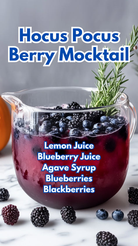 Hocus Pocus Berry Mocktail Blueberry Mocktail Recipes, Hocus Pocus Mocktail, Berry Mocktail Recipes, October Mocktails, Spooky Drinks Nonalcoholic, Halloween Mocktail Recipe, Halloween Berries, Halloween Mocktails Non Alcoholic, Blackberry Mocktail