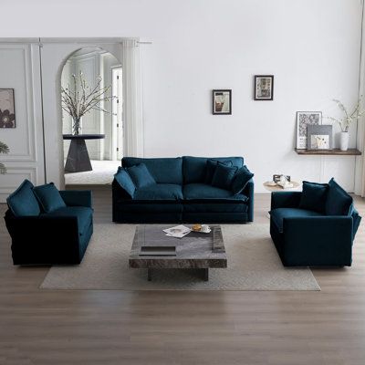 Enhance your living area with this Chenille Fabric Upholstered Sofa Chat Set, featuring 1 loveseat and 2 club chairs. Upholstered in breathable, high-end Chenille fabric, each piece offers double-layer seat cushions, high-quality sponge filling, 2 arm pillows, and 2 toss pillows. With a modern design and luxurious comfort, this set adds elegance and warmth to any home while ensuring long-lasting durability. Latitude Run® Upholstery Color: Blue | Latitude Run® Athenia Chenille Fabric Upholstered Wayfair Living Room, 3 Piece Living Room Set, Modern Sofa Couch, Sectional Sofas Living Room, Living Room Sofa Set, Couch Set, Comfy Sofa, Modular Sectional Sofa, Living Room Sets Furniture