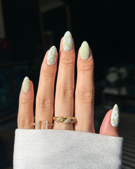 sage green florals 🌿🌸🪽 • rings from @sayacollection__ - code NAILS20 for 20% off ✨ #nails #nailinspo #nailart #naildesign #summernails #sagenails Sage Green Nails Short, Sage Green Almond Nails, Short Almond Nail Ideas, Acrylic Designs Ideas, Almond Nail Ideas, Almond Nail Designs, Uñas Ideas, Short Almond Nails, Short Almond