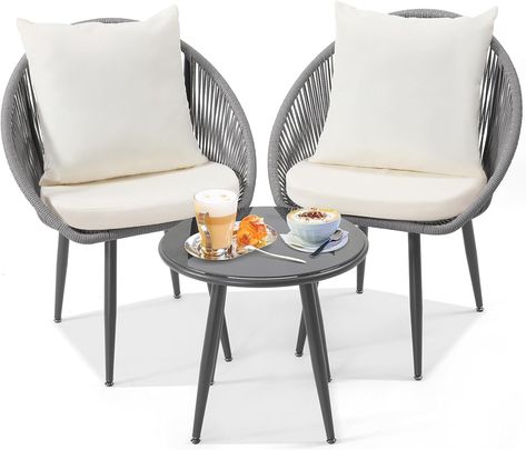 Wildformers 3 Pieces Bistro Set, Woven Rope Chair with Cushions, All Weather Patio Conversation Set and Side Table, Ideal for Deck, Balcony, Poolside, Grey Modern Porch Chairs, Outdoor Furniture For Small Spaces, All Weather Patio, Minimalist Outdoor Furniture, Small Patio Decor, Deck Balcony, Rope Chair, Glass Top Side Table, 3 Piece Bistro Set