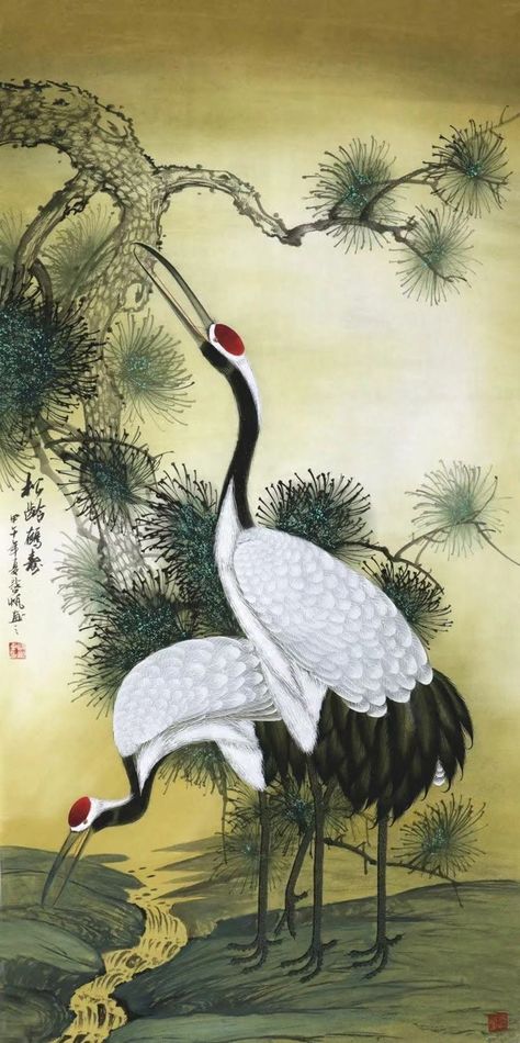 Chinese Meticulous Painting, Large Vertical Pine Tree and Red Crowned Crane, Hand-painted Crane Art, Original Gongbi Painting - Etsy Chinese Crane, Crane Painting, Chinese Bird, Crane Art, Chinese Flowers, Art Chinois, Chinese Art Painting, Pintura Exterior, 3d Cnc