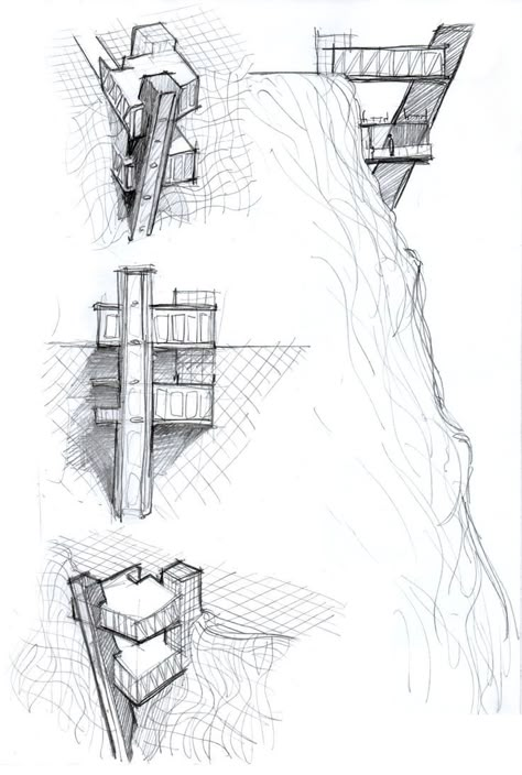 Architecture freehand concept pencil sketch of a building at the edge of a cliff. Architecture Development Sketches, Cliff Architecture Concept, Cliffside Architecture, Cliff Sketch, Architectural Section Drawing, Architecture Section Drawing, Cliff House Architecture, Design Development Architecture, Slope Architecture