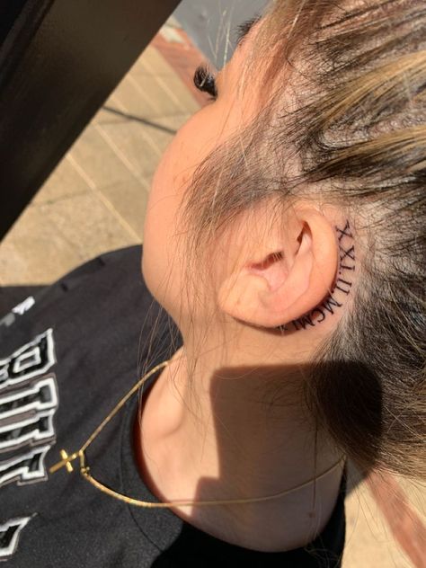 Behind The Ear Tattoo Ideas Roman Numerals, Behind The Ear Roman Numeral Tattoo, Roman Numerals Tattoo Behind Ear, Roman Numeral Ear Tattoo, Roman Numeral Neck Tattoos Women, Initials Behind Ear Tattoo, Roman Numerals Behind Ear, Birth Year Tattoo Behind Ear, Date Behind Ear Tattoo