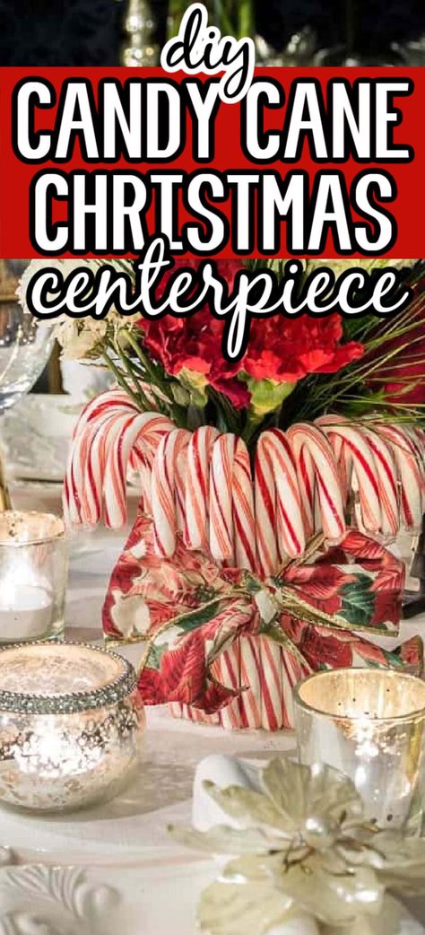 DIY Candy Cane Christmas Centerpiece | Christmas Ideas Candy Cane Christmas Centerpieces, Candy Cane Decor Ideas, Diy Christmas Party Centerpieces, Candy Cane Table Decor, Candy Cane Centerpiece Ideas, Simple Christmas Centerpieces For Table, Christmas Candy Table, Christmas Pictures With Lights, Christmas Party Centerpieces