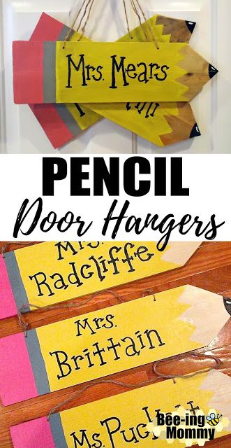 DIY personalized pencil door hanger tutorial, teacher gift idea Pencil Name Sign Teachers, Teacher Name Signs For Door Cricut, Diy Teacher Pencil Sign, Pencil Sign For Teacher, Teacher Name Signs For Door Diy, Pencil Door Hanger Teacher, Diy Teacher Door Signs, Teacher Classroom Signs Diy Door Hangers, Teacher Door Signs Diy