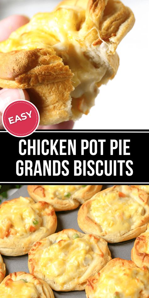 Chicken Pot Pie Grands Biscuits are the perfect bite-sized comfort food that combines all the flavors you love into a flaky biscuit crust. Recipe Using Canned Biscuits, Biscuit Pot Pie, Biscuit Chicken Pot Pie, Grands Biscuits, Individual Chicken Pot Pies, Biscuit Crust, Pillsbury Biscuits, Flaky Biscuits, Easy Chicken Pot Pie