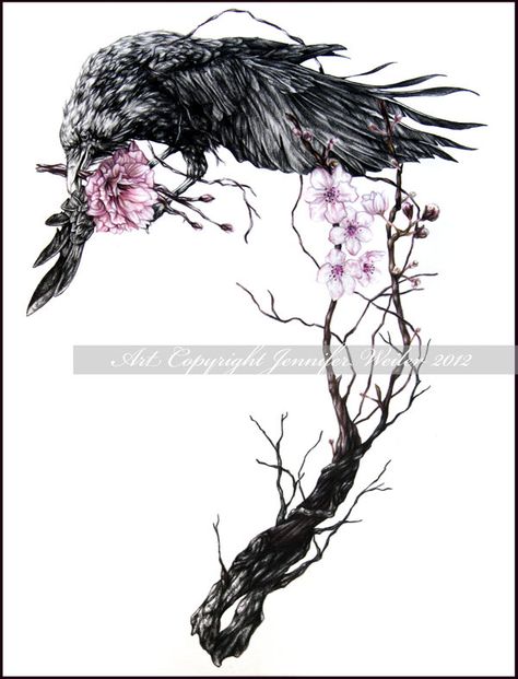 Raven and the cherry blossom tree Raven Tattoo With Flowers, Raven And Cherry Blossom Tattoo, Raven Tattoo Ideas Women, Raven And Flowers Tattoo, Raven On A Branch Tattoo, Raven And Tree Of Life Tattoo, Raven Tattoo Feminine, Tattoo Back Of Neck, Raven Artwork