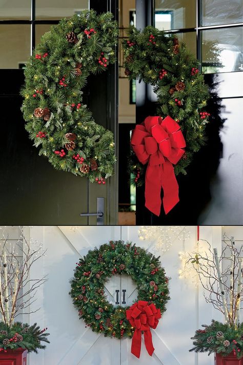 This festive pre-lit Christmas wreath is designed for double doors with two halves that come together when the doors are closed or split apart when the doors are opened. Split Door Christmas Decorations, Double Door Christmas Wreath, Christmas Double Door Decorations, Christmas Wreaths For Double Front Door, Split Christmas Wreath, Double Door Wreath, Split Wreath For Double Door, Triple Wreath Christmas Door, Christmas Wreath Double Door