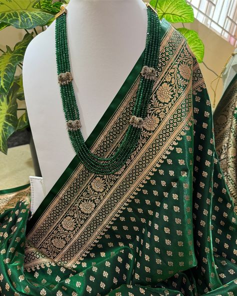 Bottle green Banarasi semi silk saree comes with golden buttas all over saree and pallu. Beautiful green crystal neckpiece paired from @kattam.in #sarees #bottlegreensarees #traditionalsaree #satinsilksaree #occationalwear Green Saree, Gold Border, Saree Look, Bottle Green, Traditional Sarees, Green Crystal, Green Crystals, Silk Satin, Silk Saree