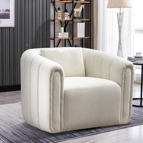 Ebello Oversize Velvet Swivel Barrel Comfy Round Armchair with Plump Pillow - On Sale - Bed Bath & Beyond - 37218310 Books In Living Room, Round Armchair, Round Swivel Chair, Printed Chair, Swivel Barrel Chair, Neutral Design, Swivel Seating, Chair Types, Single Sofa