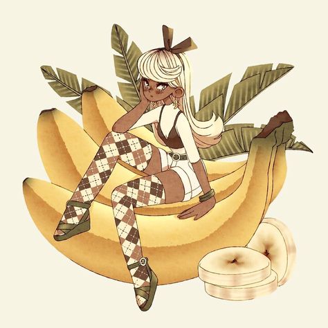 Fruit As People Art, Eating Fruit Reference, Fruit People Drawing, Banana Character Design, Emma Lupine, Fruit Character Design, Banana Fashion, Banana Character, Blueberry Art