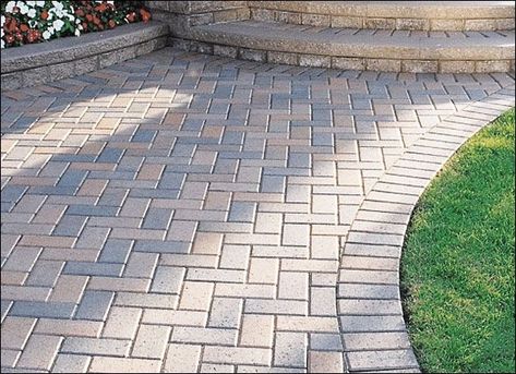 Holland stone in 90 degree herringbone pattern with a soldier course border for back patio Herringbone Brick Patio, Unilock Pavers, Architectural Landscape, Paver Designs, Brick Patio, Patio Pavers Design, Brick Walkway, Paver Walkway, Stone Driveway