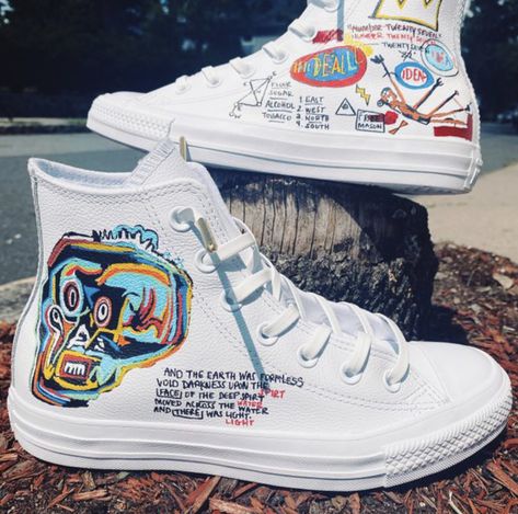 Converse Painting, Painted Converse High Tops, Doodle Shoes, Painted Converse, Custom Sneakers Diy, Boys Converse, White High Top Converse, Painted Sneakers, Embroidery Shoes