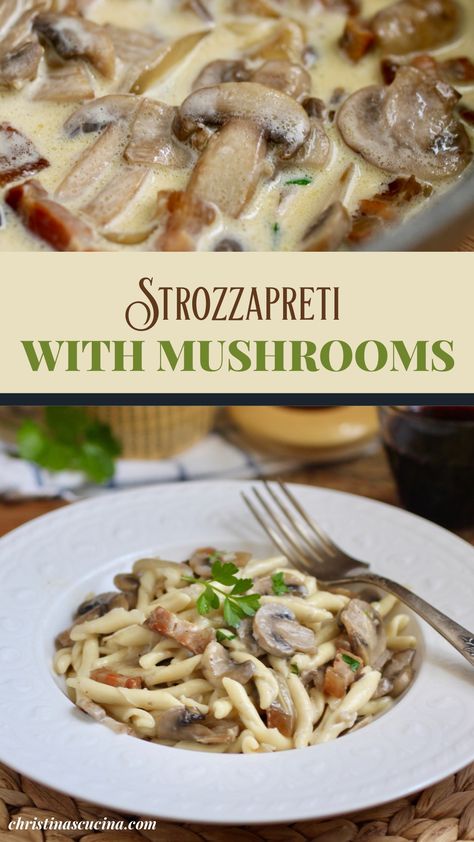 Strozzapreti with a creamy mushroom sauce will be your go-to recipe for this delicious Italian pasta shape with a strange name! Strozzapreti Recipes, Spaghetti White Sauce, Mushroom Pasta Sauce, Italian American Food, Healthy Italian, Bariatric Eating, Creamy Mushroom Sauce, Wild Mushroom, Italian Dinner