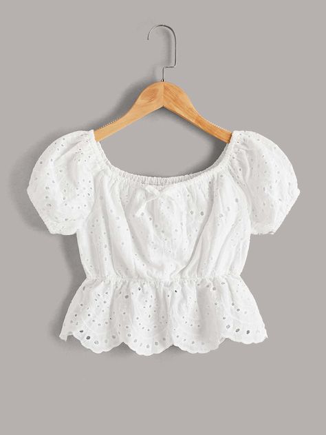 Girls Eyelet Embroidery Bow Front Blouse Blouse Crop Top Designs, Girls Blouse Design, Top For Girls Stylish Summer, Shirt For Girls Fashion, Girls Top, Short Blouse Design, Cotton Tops Designs Girls, Fancy Top For Girl, Crop Top Designs For Kids