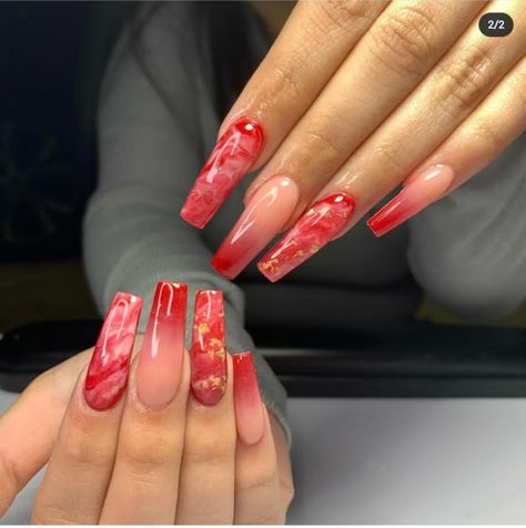 Red Ombre Coffin Acrylic Nails, Red Nails Extra, Red Marble Nails Acrylic, Red Ombre Acrylic Nails, Red Ombre Nails Acrylic, Red Ombre Nail Designs, Ombre Red Nails, Red Acrylics, Red Nails Design