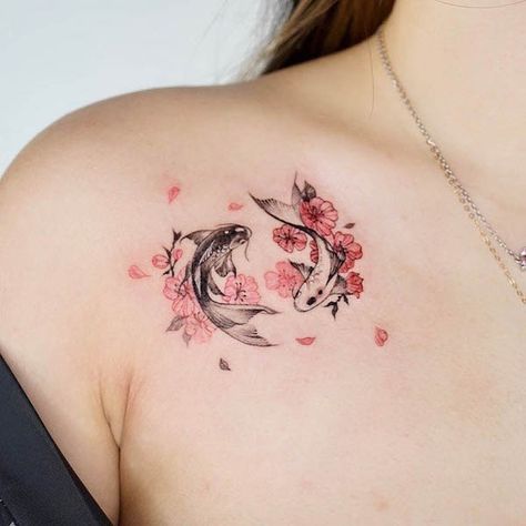 Koi Fish Lotus Tattoo, Koi Fish And Cherry Blossom, Sakura Flower Tattoo, Pisces Fish Tattoos, Sakura Tattoo, Flower Wrist Tattoos, Tattoo Pictures, Pisces Tattoos, Koi Tattoo