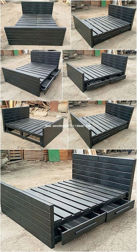 Wooden Pallet Bed with Storage Drawers Pallet Bed With Storage, Casa In Pallet, Wooden Pallet Beds, Pallet Bed Frame, Diy Pallet Bed, Pallet Furniture Designs, Pallet Beds, Pallet Bed, Wooden Pallet Furniture