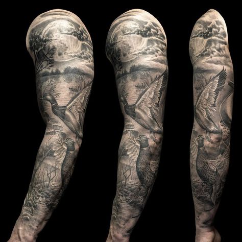 Hunting Forearm Tattoo Men, Duck Sleeve Tattoo, Moon Sleeve Tattoo Men, Duck Hunting Tattoos Sleeve, Hunting Sleeve Tattoo For Men, Fletcher Tattoo, Toth Tattoo, Hunting Tattoos For Guys, Duck Hunting Tattoos