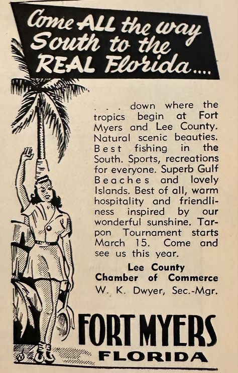 vintage ad from “kim’s guide to florida” 1950. 1950s Florida Home, Retro Florida Aesthetic, South Florida Aesthetic, Old Florida Aesthetic, Vintage Florida Aesthetic, Vintage Florida Decor, Florida Graphic Design, Fort Meyers, Florida Trips