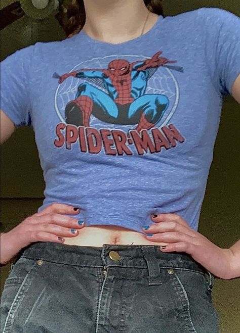 Spiderman shirt outfit inspo girl blue marvel cute miles morales fit baby tee t shirt Spiderman Shirt Outfit, Cute Miles Morales, Spiderman Baby Tee, Outfit Inspo Girl, Marvel Cute, Blue Marvel, Spiderman Gifts, Spiderman Shirt, Spiderman 3