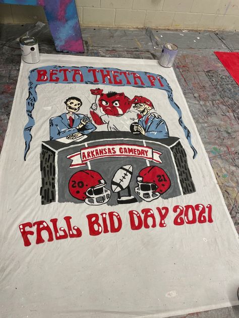 Fraternity Banner Ideas Design, Frat Homecoming Shirts, Frat Banner Ideas, Greek Week Banner, Frat Painting, Frat Banner, Gameday Banner, Bid Day Banner, Homecoming Banner