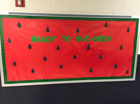 Watermelon Board Watermelon Classroom Door, Watermelon Classroom Theme, Melon Ideas, Watermelon Bulletin Board, Daycare Bulletin Boards, Watermelon Activities, Soft Board Decoration, Summer Countdown, Watermelon Theme