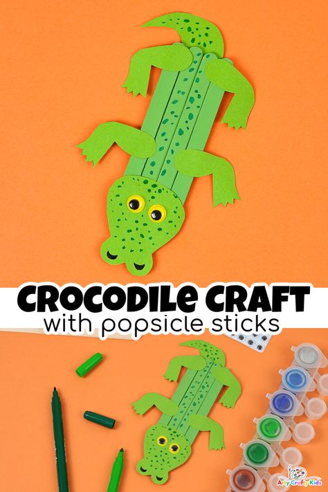 This easy peasy Crocodile Craft with Popsicle Sticks is super fun to make and play with, and a perfect craft to accompany all your children's favorite crocodile songs and stories. Crocodile Craft Preschool, Craft With Popsicle Sticks, Crocodile Craft, Vbs Jungle, Popsicle Stick Art, Zoo Theme, Jungle Cruise, Popsicle Crafts, Vbs 2024