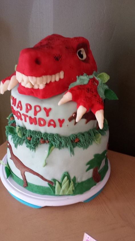 Dino cake: Trex coming out of a cake with a prehistoric base:) T Rex Cake, Dino Cake, Dinosaur Birthday Cakes, Cookie Bakery, Red Cake, Dinosaur Cake, Baby Birthday Cakes, Cookie Do, Themed Birthday Cakes