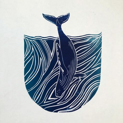 Lino Art, Ocean Design, Whale Art, Woodcuts Prints, Relief Print, Wall Art Etsy, Blue Gradient, Lino Print, Linocut Prints