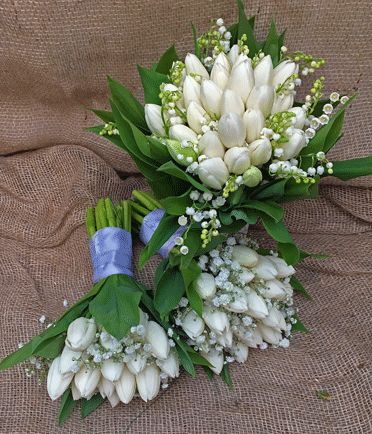 white tulips and lily of the valley Tulips And Lily Of The Valley, Flower Room, Friends Wedding, Flowers Delivered, White Tulips, Wedding Flower Arrangements, Bridal Bouquets, Nottingham, Lily Of The Valley