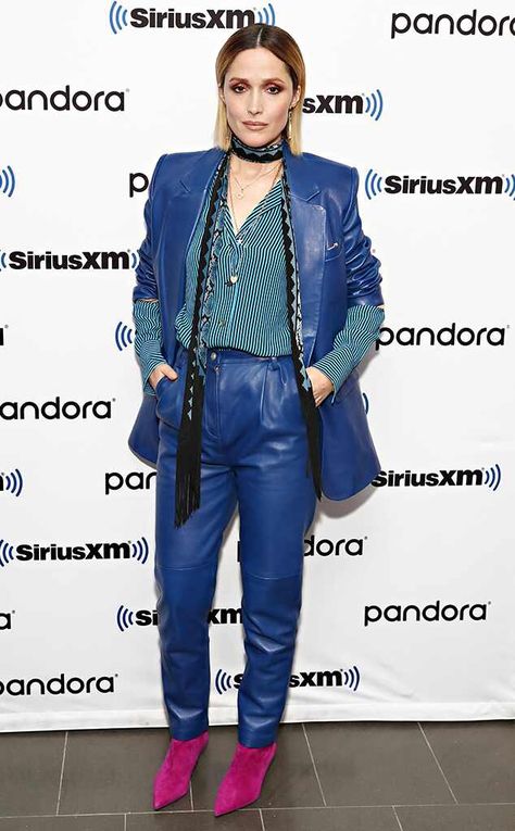 Actress Rose Byrne rocks a blue leather pant suit paired with a striped blouse, scarf and pink boots at SiriusSM's Town Hall in New York City to promote her latest film, Like A Boss. Blue Leather Pants Outfit, Blue Leather Pants, Blouse Scarf, Fashion Highlights, Rose Byrne, Celeb Fashion, Black Patent Pumps, Leather Pants Outfit, Minka Kelly