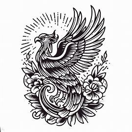 american traditional tattoo of a phoenix, blank white background, outline only, 4K image quality Traditional Style Phoenix Tattoo, Traditional Phoenix Tattoo Old School, Traditional Pheonix Tattoo Designs, Phoenix Tattoo Old School, American Traditional Phoenix Tattoo, American Traditional Spine Tattoo, Phoenix Tattoo Traditional, Black And White Phoenix Tattoo, Traditional Phoenix Tattoo