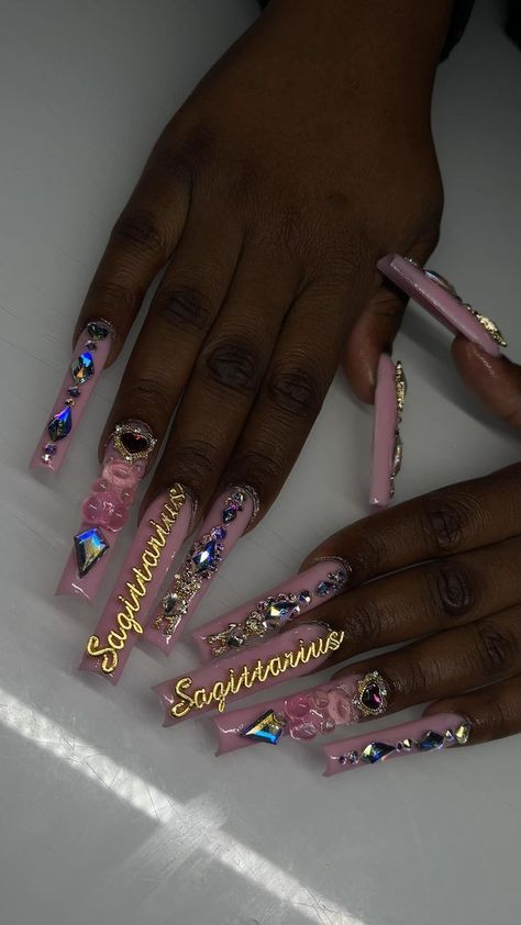 Pink Sagittarius Nails, 3xl Nail Designs, Xl Acrylics, Sugar Nails Acrylic, Extra Birthday Nails Medium Length, Extra Birthday Nails Long, Sagittarius Nails Acrylic, 23 Birthday Nails, Over The Top Nails