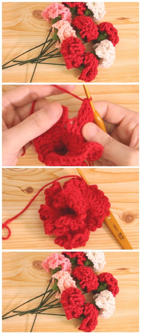 Crocheted Carnations Patterns, Carnation Crochet Granny Square, Crochet Flowers With Stems, Red Crochet Flowers, Carnation Flower Crochet Pattern, Carnation Crochet Pattern, Crochet Carnation Pattern Free, Carnation Flower Crochet, Flower Puff Stitch