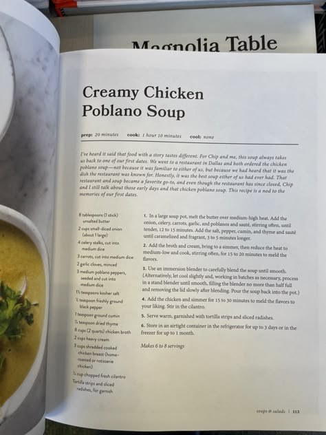 Poblano Soup Joanna Gaines, Creamy Chicken Poblano Soup Magnolia, Chicken Poblano Soup, Magnolia Recipes, Magnolia Table Recipes, Poblano Soup, Cold Soups, Magnolia Kitchen, Magnolia Table