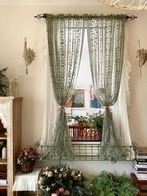 Curtains On Window Seat, Curtain In Room, Curtains Around Door, Cottage Style Curtains Living Room, Dark Green Sheer Curtains, Green Witchy Living Room, Lacy Curtains Aesthetic, Two Different Curtains On One Window, Victorian Room Decor Bedroom