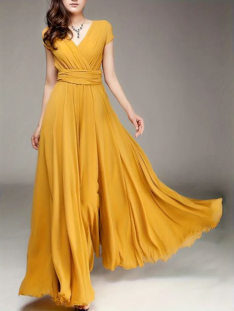 Plain Maxi Dress, Dress Chiffon, Ladies Gown, فستان سهرة, Maxi Robes, Dress Yellow, Women Long Dresses, Party Dress Long, Maxi Dress Party