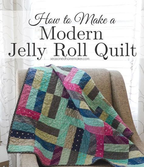 Some quilts are so easy to make. I made this quilt by using a Jelly Roll and following an easy video tutorial. I'm giving away one jelly roll so you can make this quilt, too. #seasonedhome Simple Jelly Roll Quilt, Jelly Roll Projects, Jelly Roll Quilt, Jelly Roll Patterns, Jelly Roll Quilt Patterns, Fat Quarter Quilt, Beginner Quilt Patterns, Jellyroll Quilts, Sewing Tutorials Free