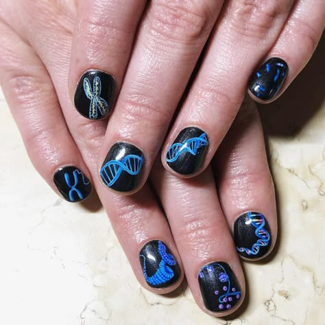 𝖛𝖆𝖑𝖔𝖗𝖎 𝖇𝖔𝖘𝖘 on Instagram: “Chromosomes and DNA for Erica’s genetics conference🔬 . . . #gaudyoctopusnails #thenailroomslc #handpaintednailart #dna” Dna Nail Art, Medical Nail Art, Biology Nail Art, Science Themed Nails, Science Nails Designs, Biology Nails, Dna Nails, Science Nails, Jeans For Genes