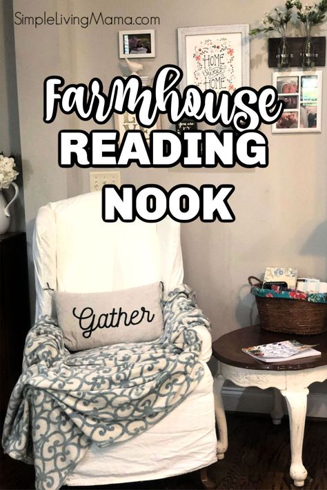 Farmhouse Reading Nook Cozy Corner, Small Cozy Reading Corner, Farmhouse Sitting Room Ideas, Small Sitting Room Ideas Cozy Corner, Farmhouse Sitting Area, Small Sitting Room Ideas Cozy, Book Nook Chair, Farmhouse Sitting Room, Small Sitting Room Ideas