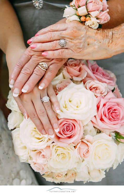 Three generation hand photo with Mom, Grandma and the Bride with her bouquet - wish I had one from my own wedding :) Generation Wedding Ring Photo, Bride And Daughters Wedding Photos, Wedding Generation Pictures, Mom And Bride Pictures Photo Ideas, Wedding Photo Ideas Bouquet, Wedding Bouquet Pictures, Grandmother And Bride Photos, Wedding Photos Mom And Bride, Wedding Day Poses Family